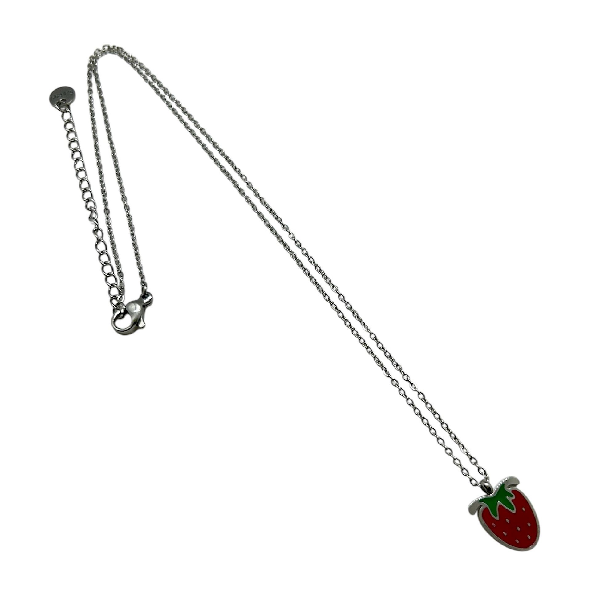 Silver steel necklace with strawberry.